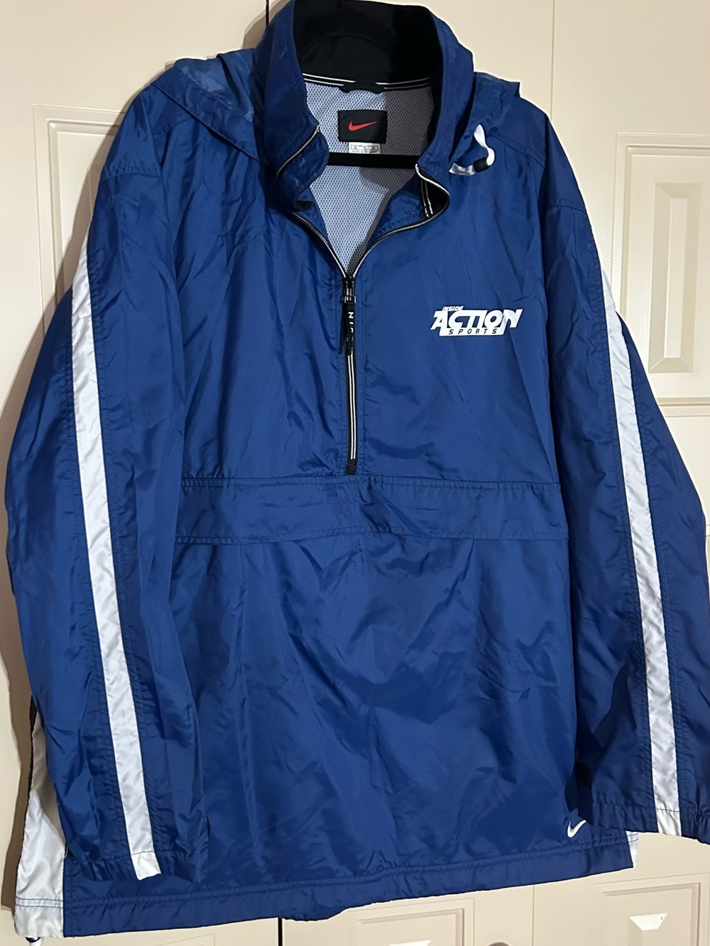 Nike Blue Hooded Pullover Windbreaker with White Stripes